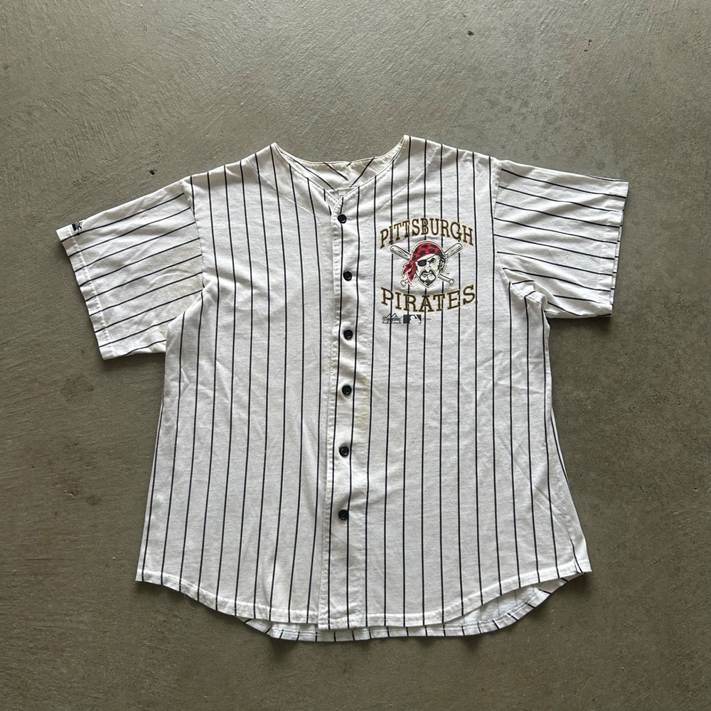 Vintage 90s Majestic Pittsburgh Pirates Jersey Size XL White Stripe MLB Baseball